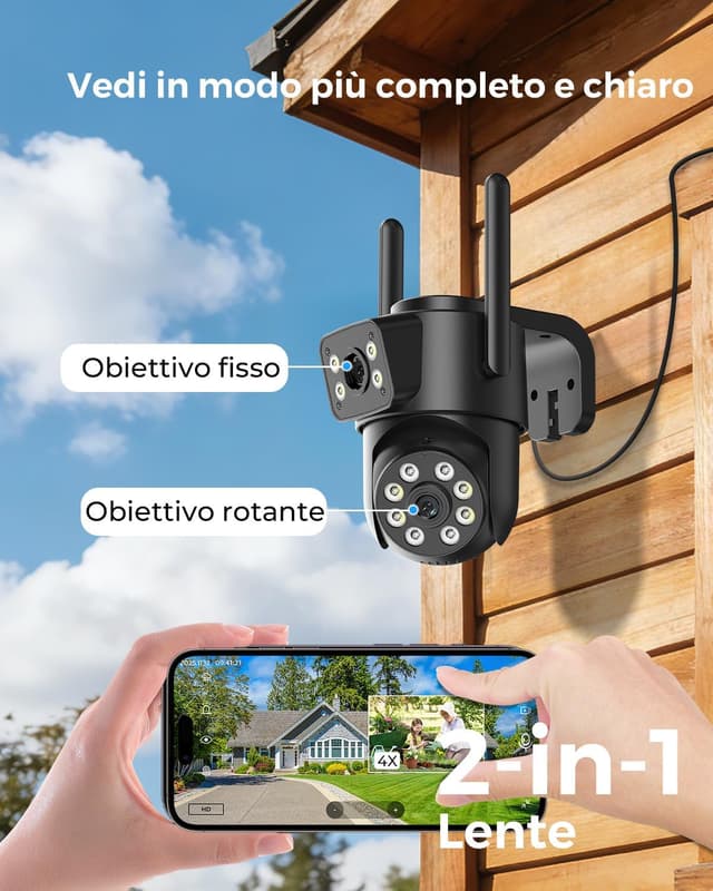 Detalle de Reobiux 2K Telecamera Wi‑Fi esterna con doppia lente, 360° PTZ e visione notturna a colori (IP66)