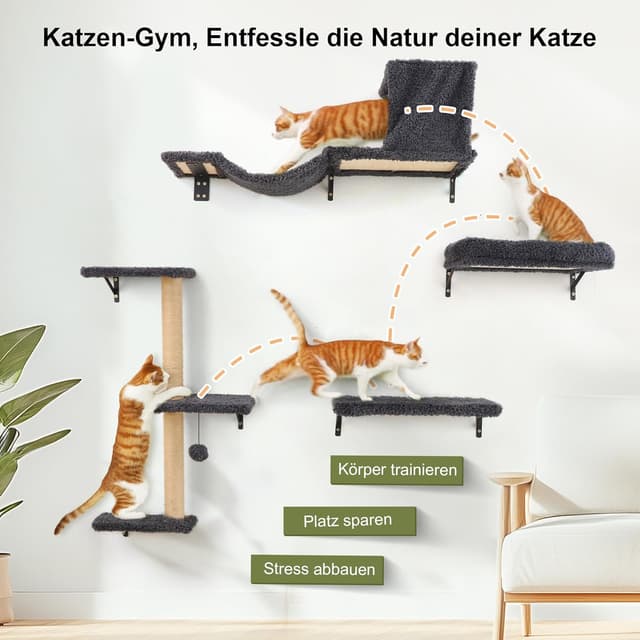 Detalle de FUKUMARU Kletterwand Katzen Set (10-teilig) – Wand-Katzenmöbel mit Katzenbrücke, Katzenhaus & Hängematte bis 18 kg