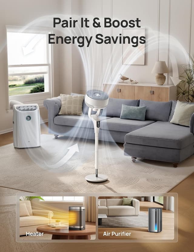 Detalle 2 de DREO 2026 Upgraded Fan for Bedroom (90° Oscillating Standing Fan) — 90 ft Airflow, DC Motor, Quiet 20dB