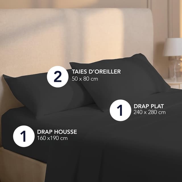 Detalle de Parure de lit Dreamzie 160x200 cm (4 pièces) en microfibre certifiée Oeko-Tex – Gris foncé