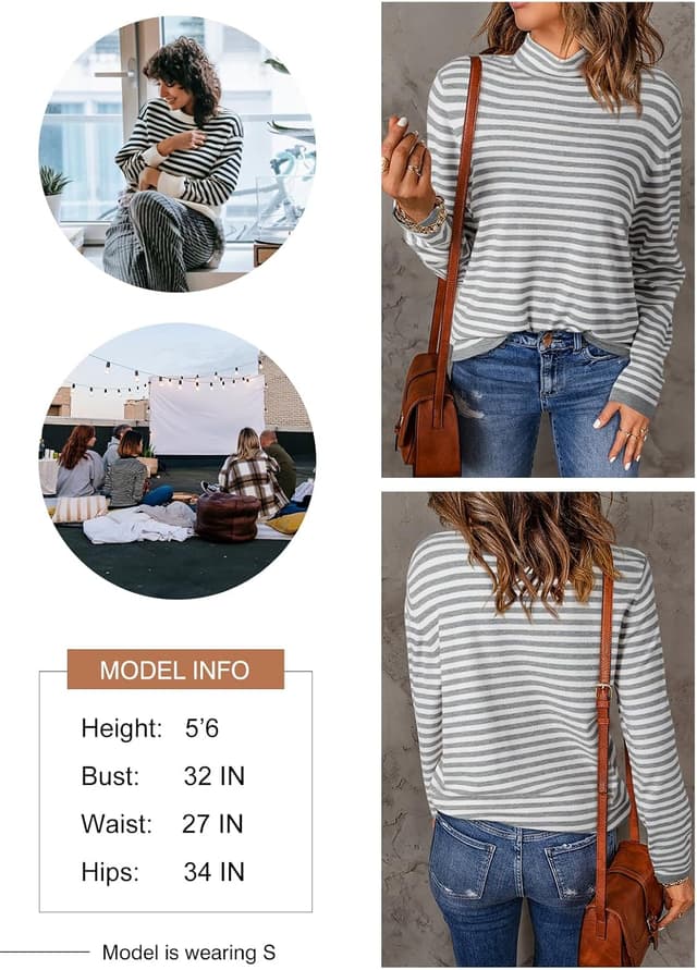 Detalle de Dokotoo Women’s Striped Pullover Jumper with Half Turtleneck (Long Sleeve, Lightweight Knit)