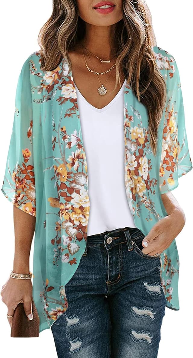 Detalle de Gosunny Damen Sommer-Top/Strand-Kimono im Boho-Stil als Bikini-Cover-up (Oversized, Blumendruck)