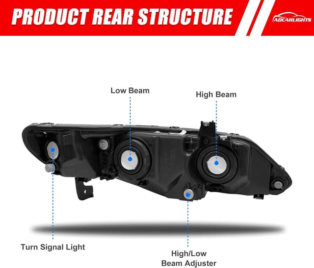 Detalle 2 de ADCARLIGHTS Headlight Assembly for 2006-2011 Honda Civic 4-Door (Chrome Housing, Amber Reflector) — W/O Bulbs