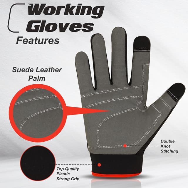 Detalle de WFX Men’s Utility Work Gloves with Touchscreen & Padded Knuckles (L, Red)