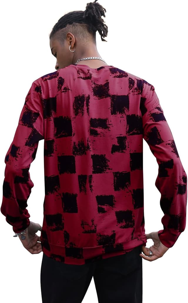 Detalle de PCEAIIH men’s checkerboard long-sleeve printed T-shirt with round neck