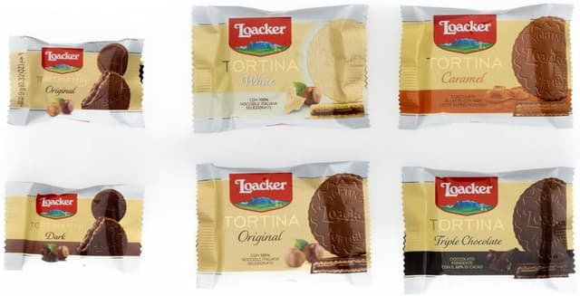 Detalle 2 de Loacker Tortina Lover Collection: selezione di 16 tortine assortite con crema alla nocciola e wafer in confezione regalo (216 g)