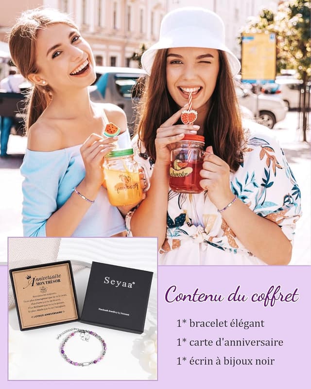 Detalle 2 de Seyaa Cadeau Anniversaire Fille : bracelet en pierre naturelle personnalisable (trèfle à 4 feuilles)