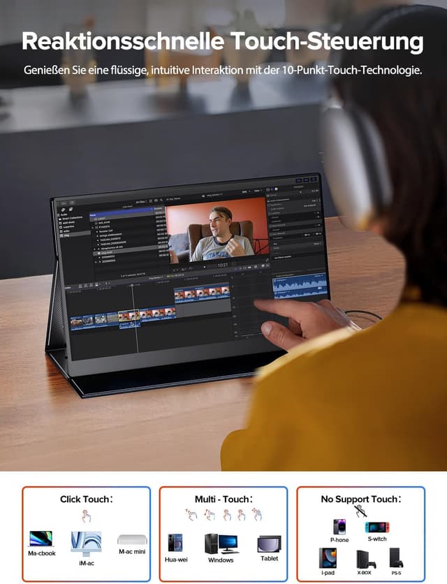 Detalle de UPERFECT Portable Monitor Touchscreen 15,6" (IPS, Full HD, matt, HDR) mit Dual USB‑C und VESA