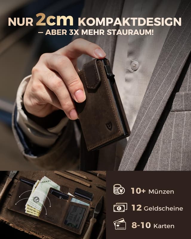 Detalle 1 de LORZOR Kartenetui mit XXL Münzfach (für 10+ Münzen), magnetischer Verschluss und RFID-Schutz – Slim Wallet aus Vollrindleder