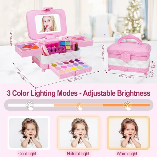 Detalle de YasinKidz 60 in 1 Kids Makeup Kit with 3-Color LED Mirror (Age 3+)
