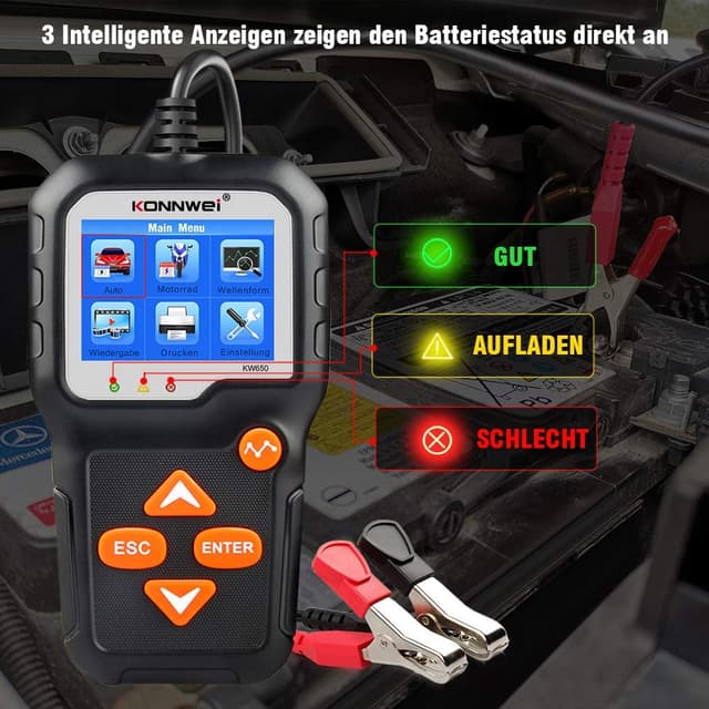 Detalle 2 de KONNWEI KW650 KFZ-Batterietester für 6V/12V – Lade- und Ladesystem-Analysator mit Farb-LCD