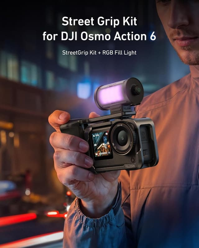 Detalle 2 de TELESIN Aluminium Alloy Grip Kit for DJI Osmo Action 6 with Protective Cage & Magnetic RGB Video Light