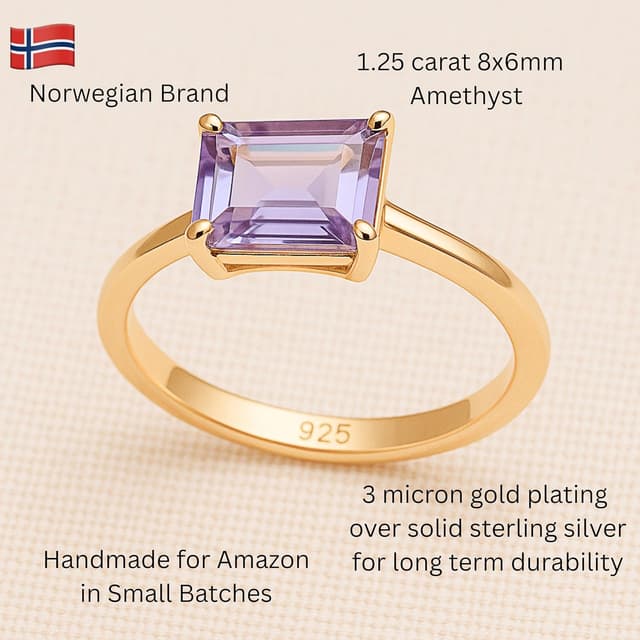 Detalle 2 de Baguette Amethyst Ring aus 925 Sterling Silber vergoldet – Größe US 8 (Ø 18,2 mm)