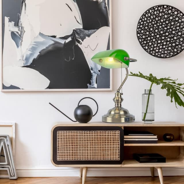 Thumbnail 6 de Lampe de banquier vintage JCPYIUL verte avec abat-jour pivotant, port USB et interrupteur à chaînette