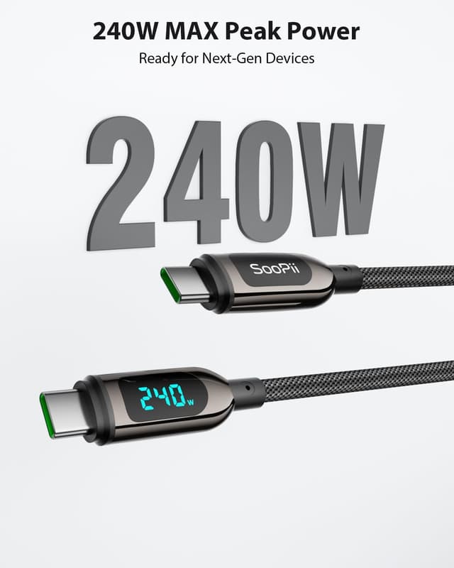 Detalle de SooPii 240W USB‑C auf USB‑C Kabel (3 m) mit LED-Display – PD Schnellladekabel für iPhone, iPad, MacBook & Galaxy (schwarz)