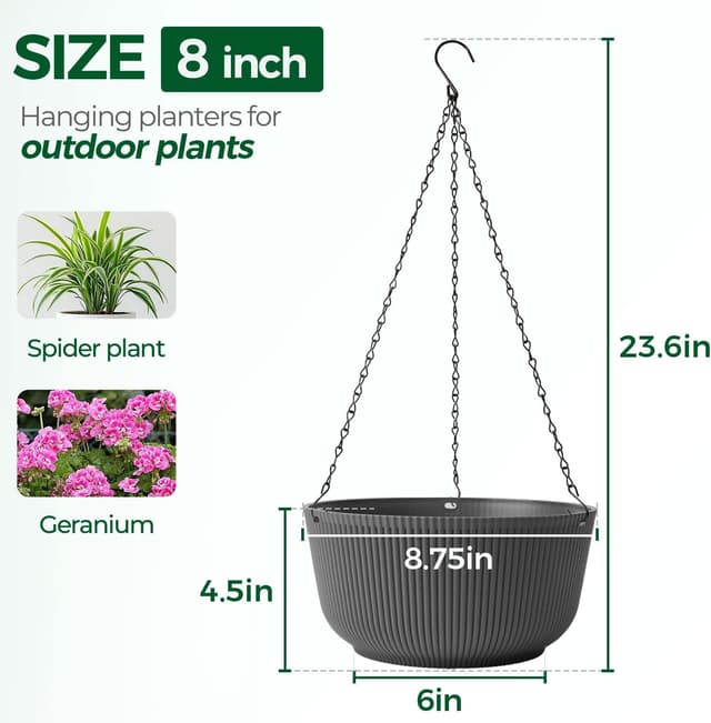 Detalle 2 de T4U vasi sospesi da parete 20 cm (8 pollici) grigi con foro di drenaggio, set da 2