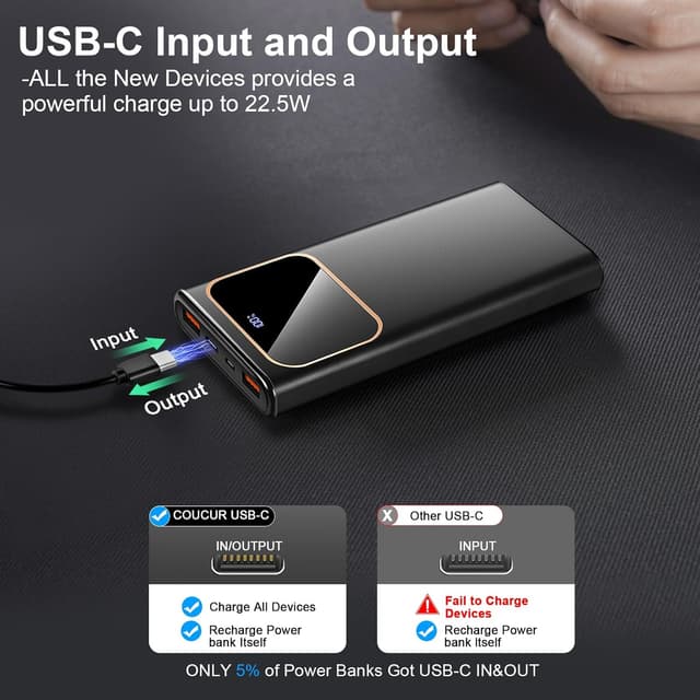 Detalle de Power Bank Fast Charging 10000mAh (22.5W) USB-C Input & Output with LED Display – Portable 3-Device Charger, 2026 Black