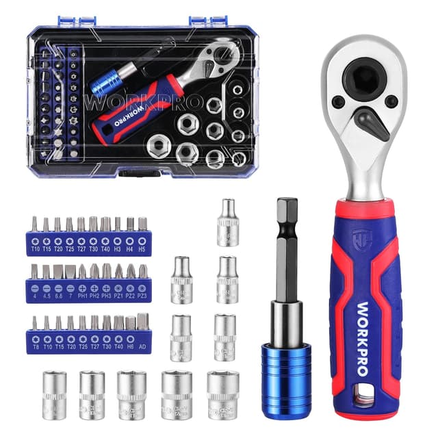 Detalle de WORKPRO Coffret de douilles et embouts 42 pièces, mini clé à cliquet 1/4" double tête 2-en-1