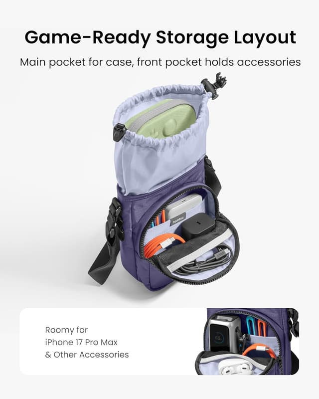 Detalle de tomtoc JoyCarry Sling Bag for Nintendo Switch 2 Slim Case – stylish crossbody travel pouch with accessory pocket