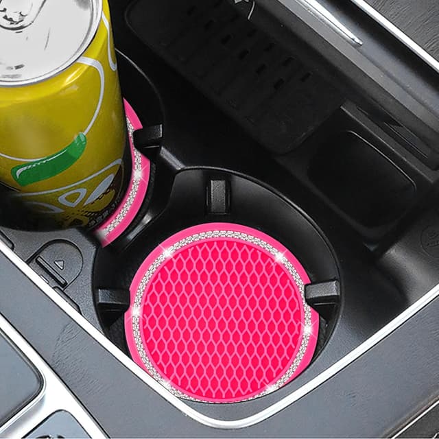Detalle de COCASES Car Coasters (4-Pack) 2.75" Silicone Rhinestone Cup Holder Coasters – Hot Pink & White Crystal Circle