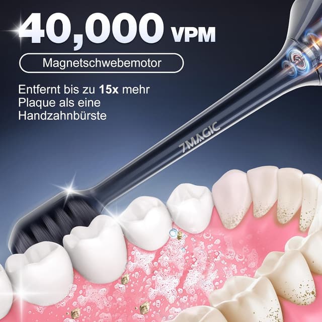 Detalle 2 de Elektrische Schallzahnbürste (leise) mit 3 Intensitäten, 5 Modi, Timer und IPX7 – 40.000 vpm, 180 Tage Akkulaufzeit, Blau