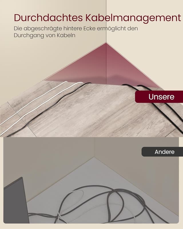 Detalle de VASAGLE L-förmiger Schreibtisch (140 x 140 x 76 cm) für die Ecke – platzsparender Eck- & Gaming-Tisch Greige meliert-tintenschwarz