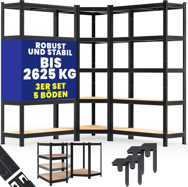 Detalle de Monzana 3er Set Schwerlastregal Eckregal (2625 kg) mit MDF-Platten, schwarz – modular & steckbar