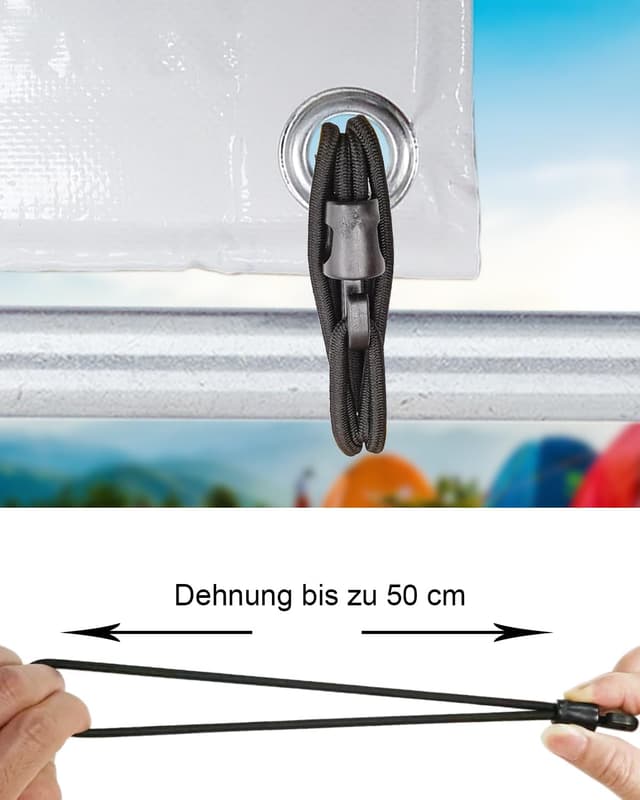 Detalle de BINCKIN Spanngummi mit Haken, 25 cm (100er Set) – Kurz-Planenspanner für Planen, Netze & Camping
