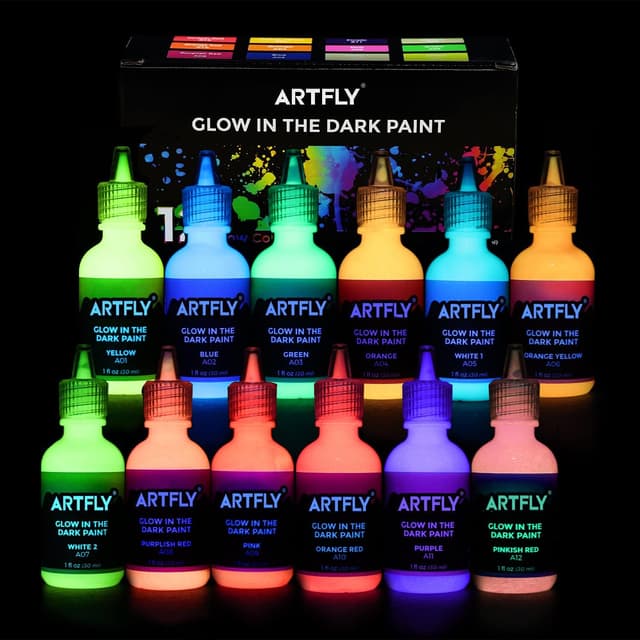 Detalle de ARTFLY Kit de peinture fluorescente acrylique brillante dans le noir – 12 couleurs (30 ml) pour DIY & décos