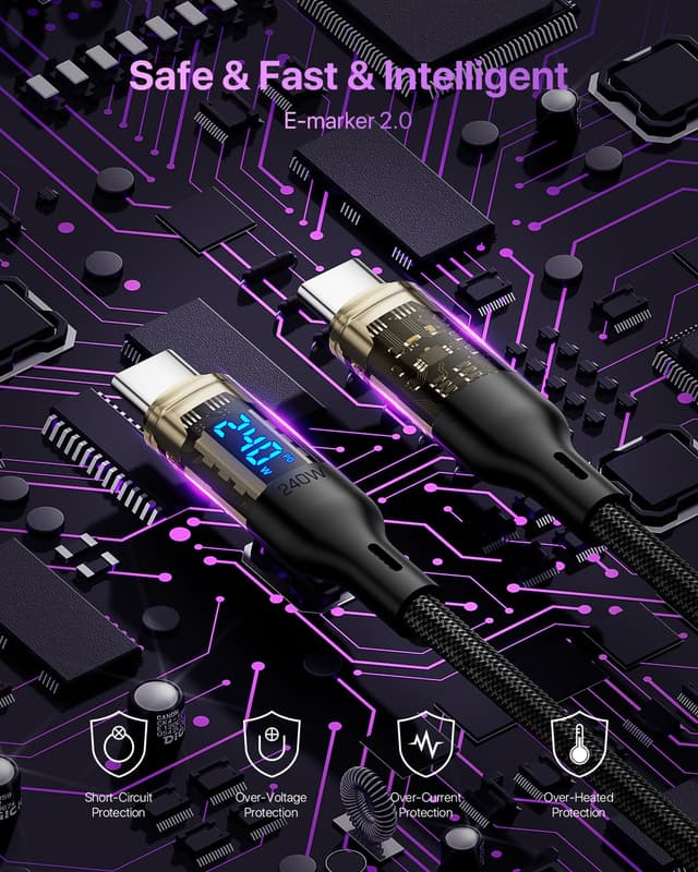 Detalle 2 de VisionSync 240W USB‑C auf USB‑C transparentes Kabel mit LED‑Anzeige (2er‑Pack, 2 m) – für Schnellladung