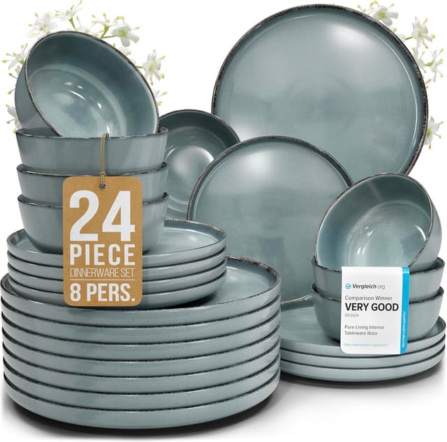 Detalle de PURE LIVING INTERIOR DESIGN Rustic stoneware dinnerware set for 8 people (24 pcs) in smoky blue
