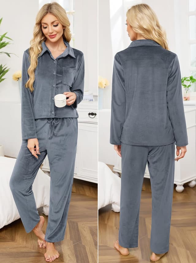 Detalle 2 de Wikoan Women’s Fleece Pyjamas Set with Button-Down Top, Pockets and Long Sleeves (S–XXL)