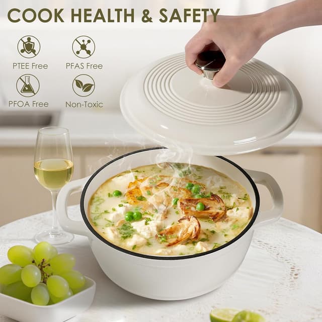 Detalle 2 de AIVIKI 5QT Enameled Cast Iron Dutch Oven Pot (Cream White) with Lid — Oven-Safe Up to 500°F