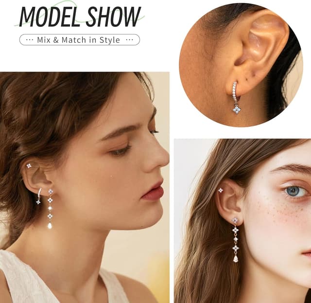 Detalle de Macachii 3 Pairs Sterling Silver Earrings Set (blue flower studs, hoops & huggies)