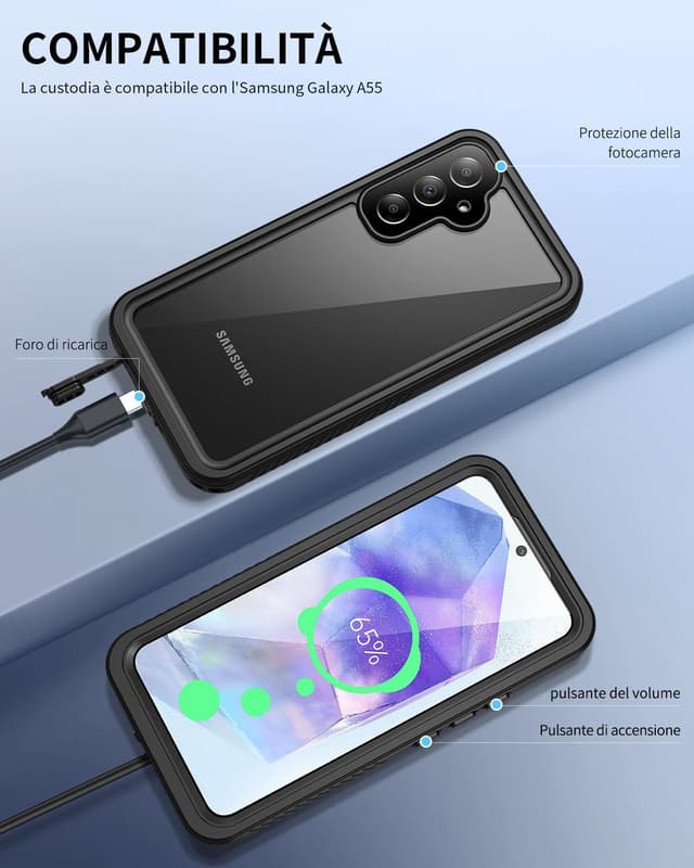 Detalle 2 de Focusor Cover impermeabile IP68 per Samsung Galaxy A55 5G con protezione schermo e custodia subacquea, nero