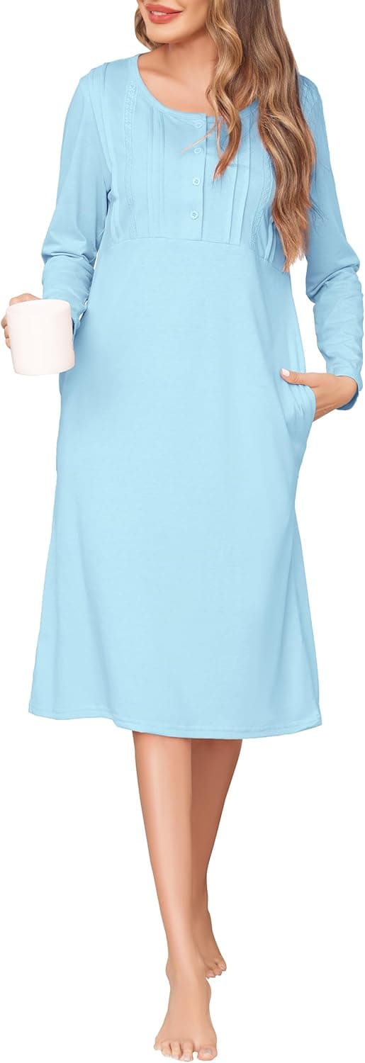 Thumbnail 6 de Wikoan women’s cotton long-sleeve nightdress with pockets (UK size 6–24)