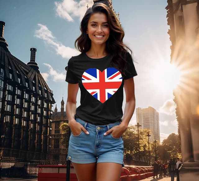 Detalle de Qskall women’s Union Jack T-shirt with heart print – British flag themed tee top
