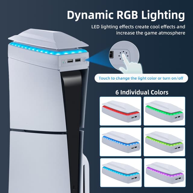 Detalle de Mcbazel Kühler für PS5 Slim (Disk/Digital) mit 3-stufiger RGB-Beleuchtung, oberem Kühlventilator und 2× USB 2.0 – Weiß