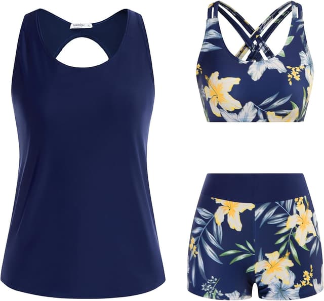 Detalle 2 de JASAMBAC 3-teiliges Tankini-Set für Damen: Push-up-BH + High-Waist Badeshorts + Tankini-Top