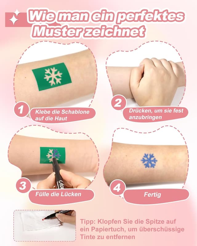 Detalle 2 de Oiovnivn Tattoo Stifte Kinder – Glitzer-Set Dual-End mit 15 Markern, 78 Schablonen und 2 Gesichtsstickern