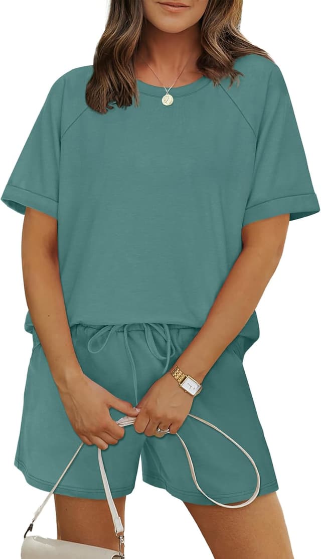 Detalle de WIHOLL Two-Piece Short Sets for Women — Casual Short Sleeve Crew Neck Lounge Matching Set