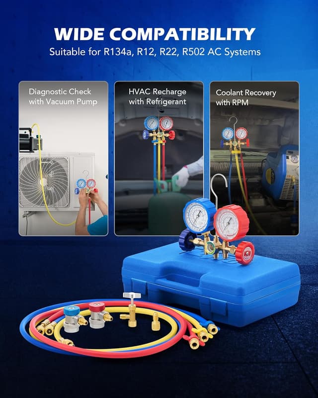 Detalle de Orion Motor Tech 3-Way AC Diagnostic Manifold Gauge Set (R134A, R12, R22, R502) with 5FT Hoses