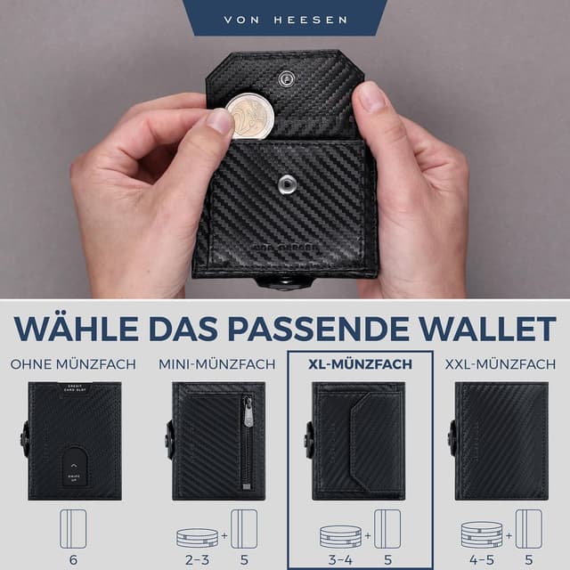 Detalle 2 de VON HEESEN Slim Wallet mit XL Münzfach & RFID-Schutz aus Nappaleder – Carbon-Schwarz