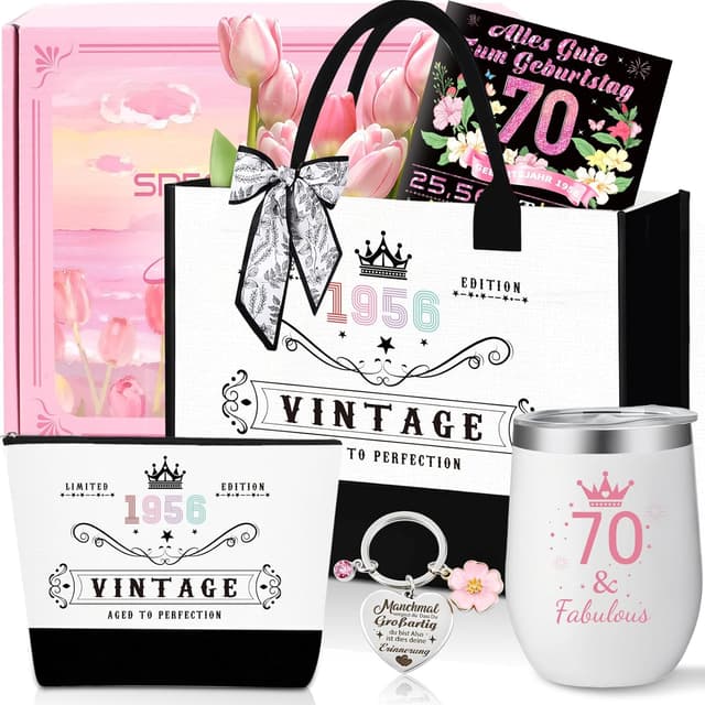 Detalle de 70. Geburtstag Geschenkset für Frauen: Vintage 1956 Canvas-Tasche, Kosmetiktasche & Isolierbecher-Set