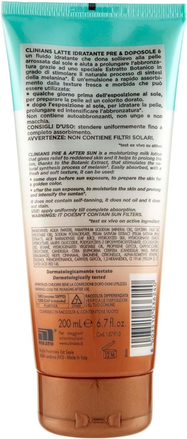 Detalle de Clinians Latte Idratante Pre & Post Sole con Attivatore di Melatonina, 200 mL