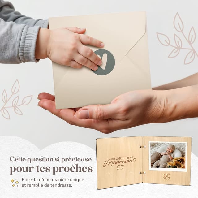 Detalle de Demande marraine & demande parrain en bois avec enveloppe et photo bébé