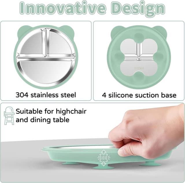 Detalle de Edelstahl Baby Teller mit Saugnapf (2 Stück) – Silikon-Kinderteller BPA-frei, abnehmbare Hülle, Beige + Dunkelgrün