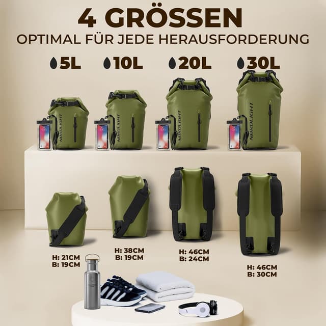 Detalle de Nordlight Dry Bag wasserdichte Tasche mit Handyhülle, Roll-Top und Schultergurt (10 Liter) – Olivgrün