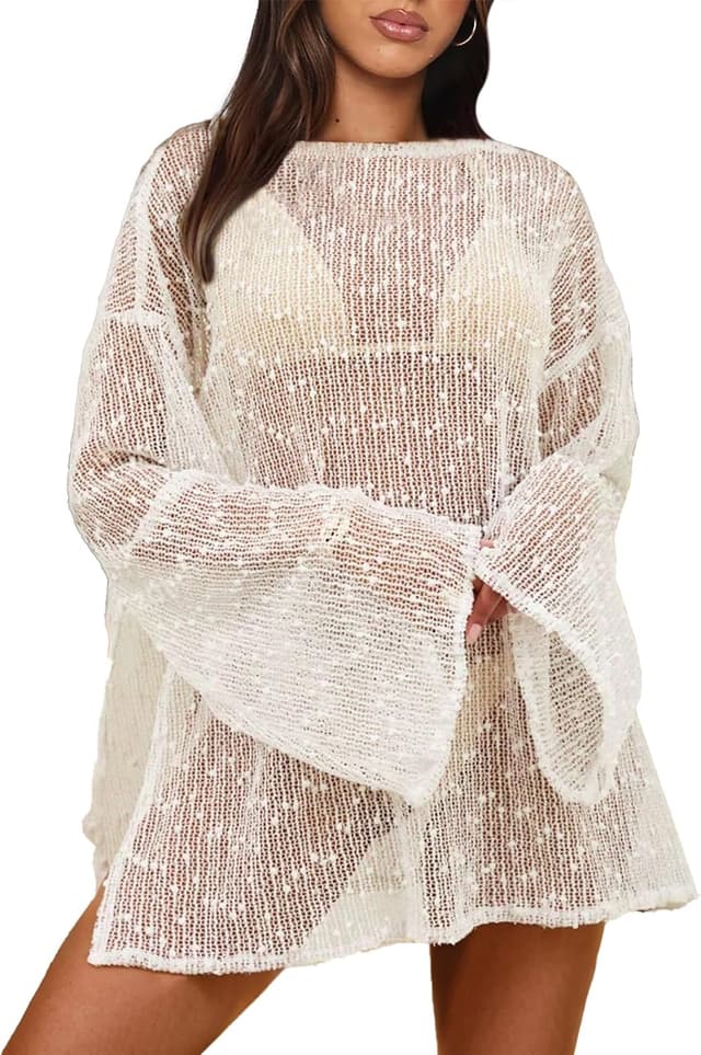 Detalle de Gleeneat Crochet Swimsuit Cover-Up for Women (Boat Neck, Sheer Crochet Caftan Dress)