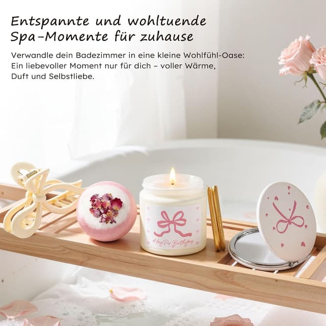 Detalle de Rosa Geschenkbox mit Schleifen-Design – Wellness-Geschenkset für Frauen mit Duftkerze, Badebombe, Glasbecher & Beauty-Accessoires